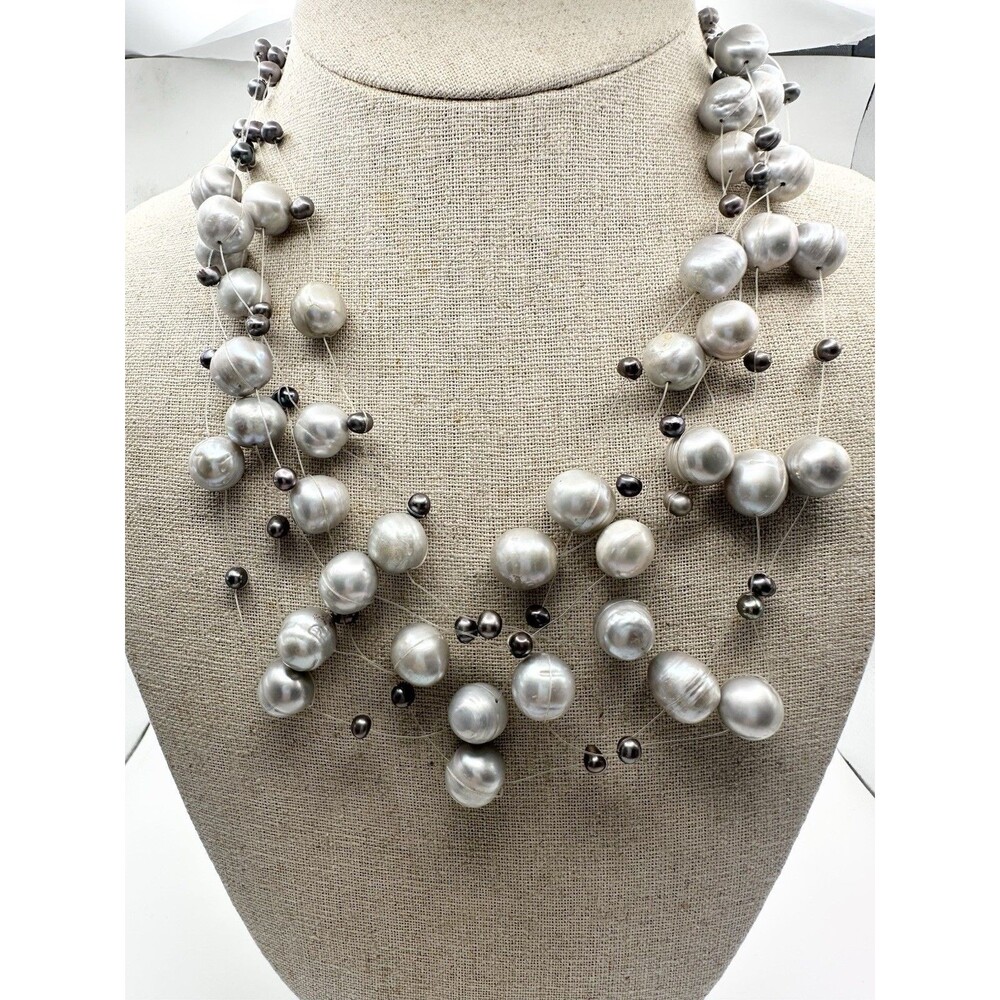 Handmade Freshwater Pearl On Wire Bib Necklace 17”